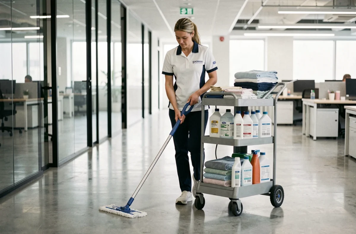 Technicienne de nettoyage professionnelle en uniforme poussant un chariot de nettoyage dans un couloir de bureau moderne