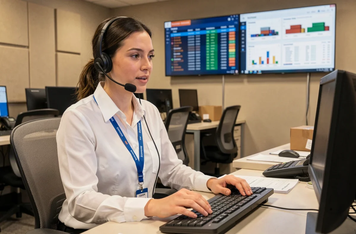 Téléconseillère DB Schenker avec casque audio dans un centre d'appels logistique pour prise en charge des demandes de devis