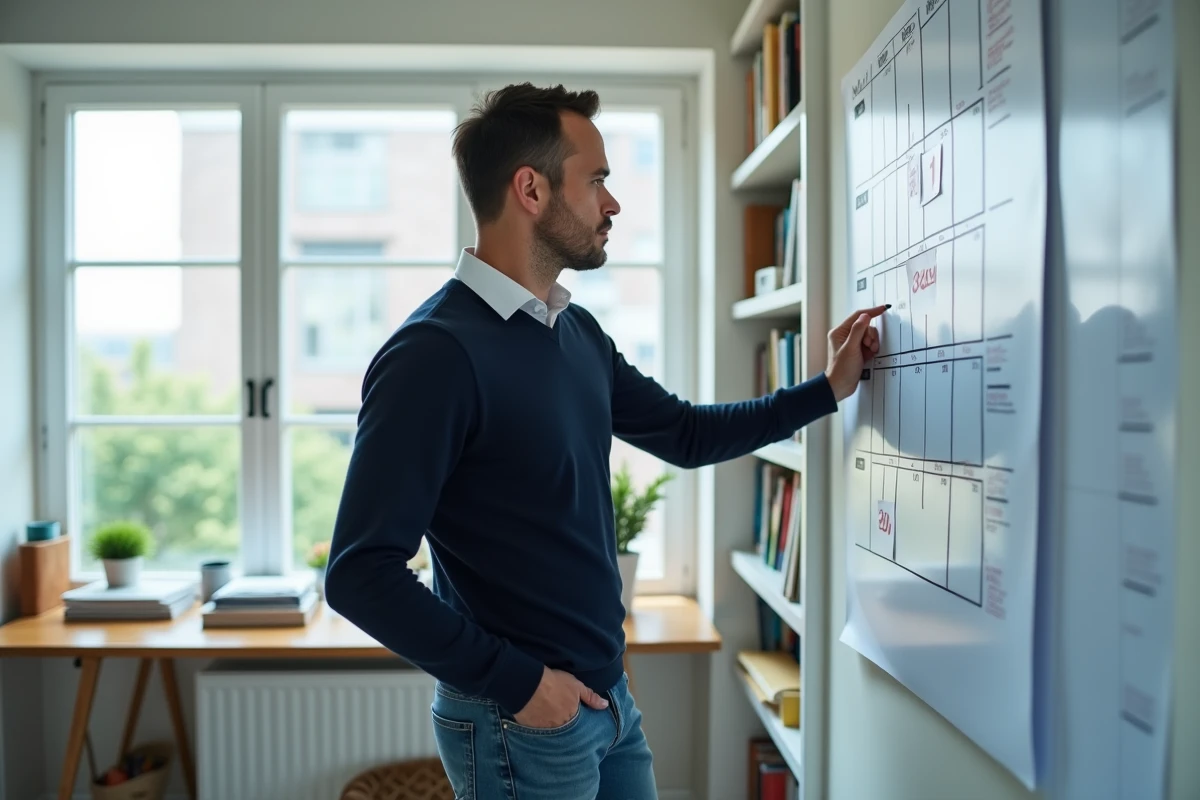 Homme en t&eacute;l&eacute;travail pointant un calendrier mural pour g&eacute;rer son nombre d'heures de travail hebdomadaires