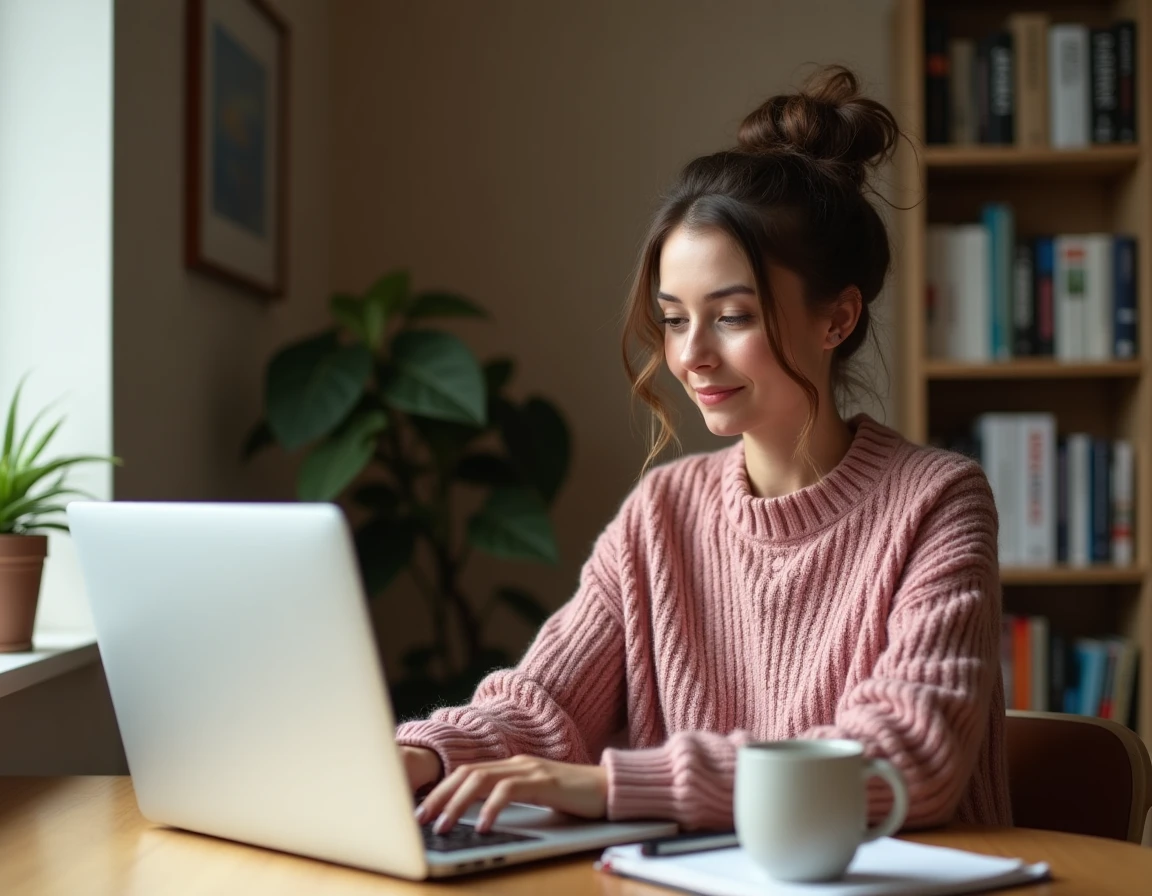 Femme travaillant depuis chez elle et rédigeant un message sur son absence professionnelle