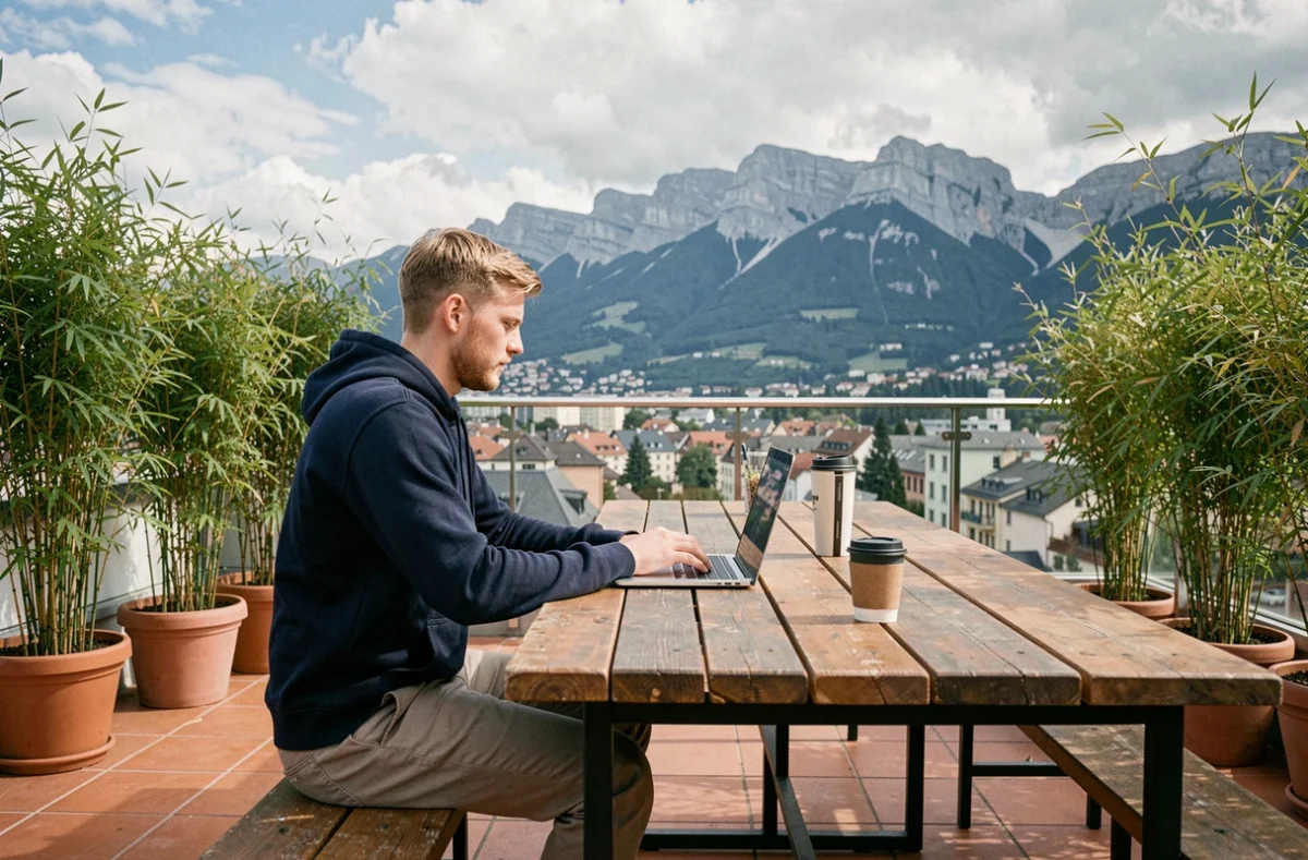 Homme travaillant en télétravail sur la terrasse extérieure d'un coworking à Grenoble avec vue sur les Alpes