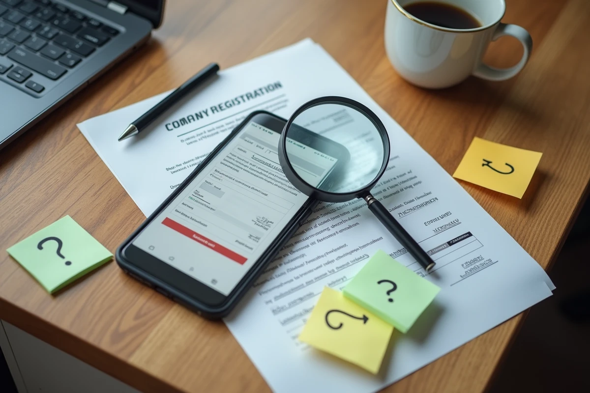 Vue aérienne d'un bureau avec loupe et documents pour vérifier la légitimité d'une entreprise commerciale