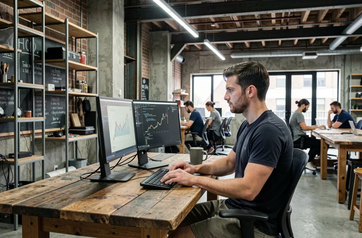 Espace de coworking WeForge avec cadre industriel et professionnel travaillant sur ordinateur